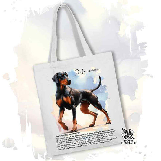 Tote bag Dobermann nero focato con grafica Behavior colore bianco