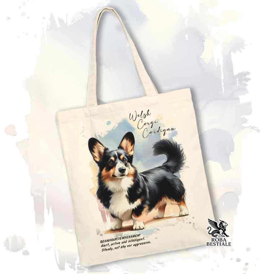 Tote bag Welsh Corgi Cardigan Nero Focato con grafica Behavior colore beige
