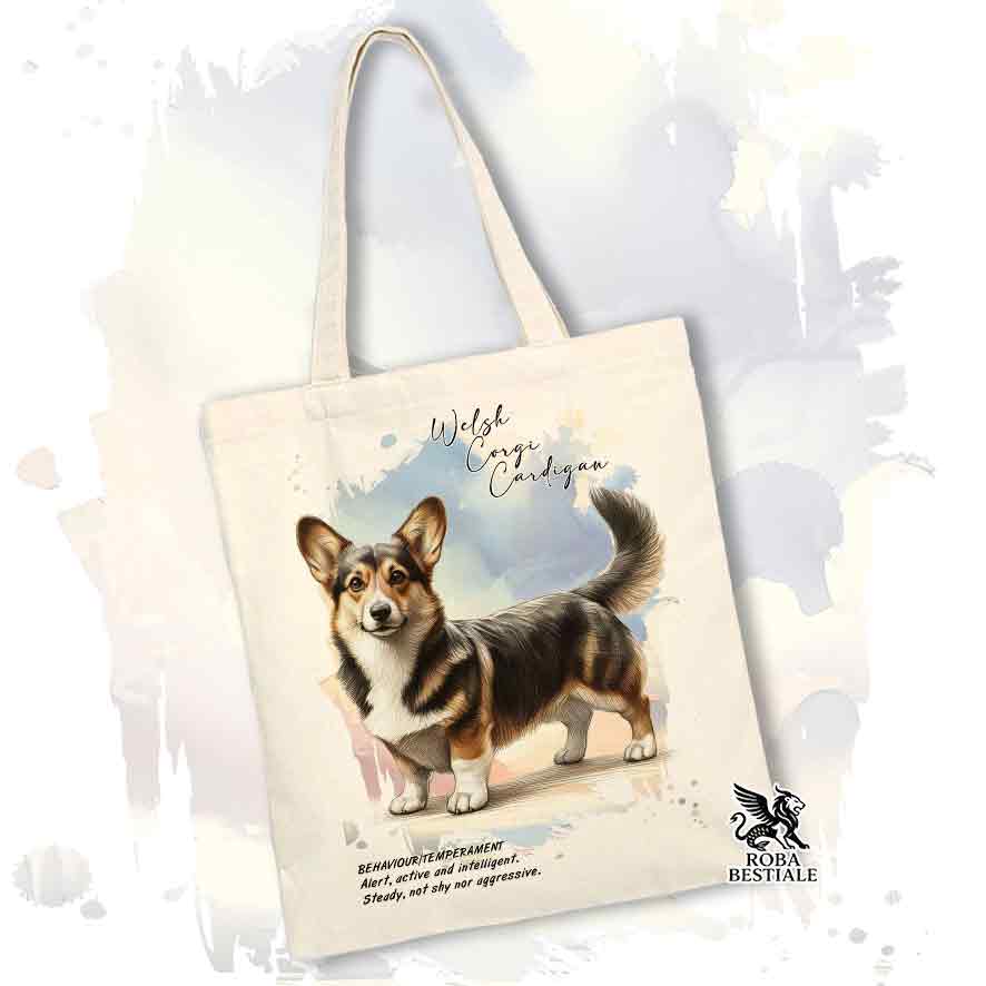 Tote bag Welsh Corgi Cardigan Tigrato con grafica Behavior colore bianco