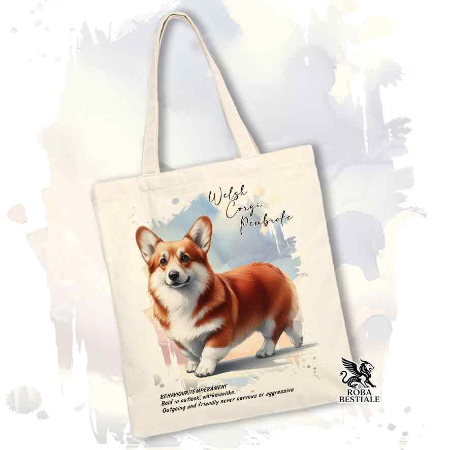 Tote bag Welsh Corgi Pembroke rosso con grafica Behavior colore beige
