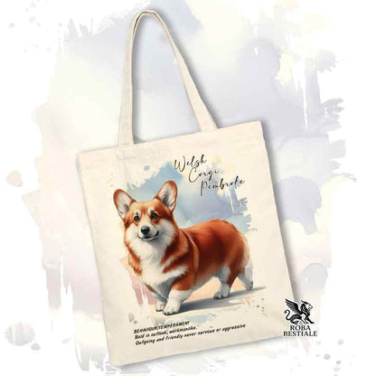 Tote bag Welsh Corgi Pembroke rosso con grafica Behavior colore beige