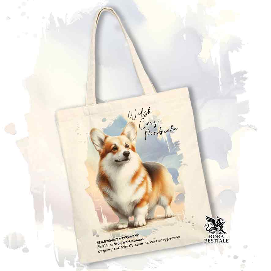 Tote bag Welsh Corgi Pembroke zibellino con grafica Behavior colore beige
