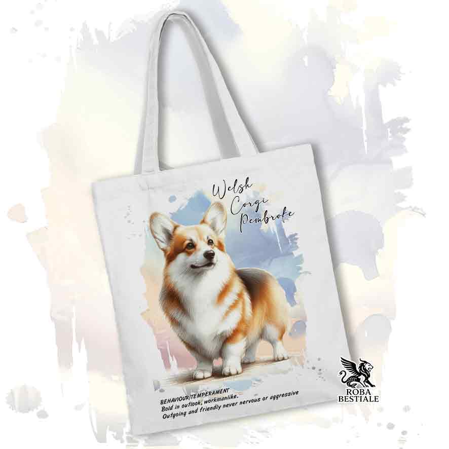 Tote bag Welsh Corgi Pembroke zibellino con grafica Behavior colore bianco