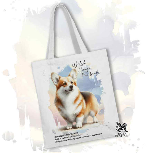 Tote bag Welsh Corgi Pembroke zibellino con grafica Behavior colore bianco