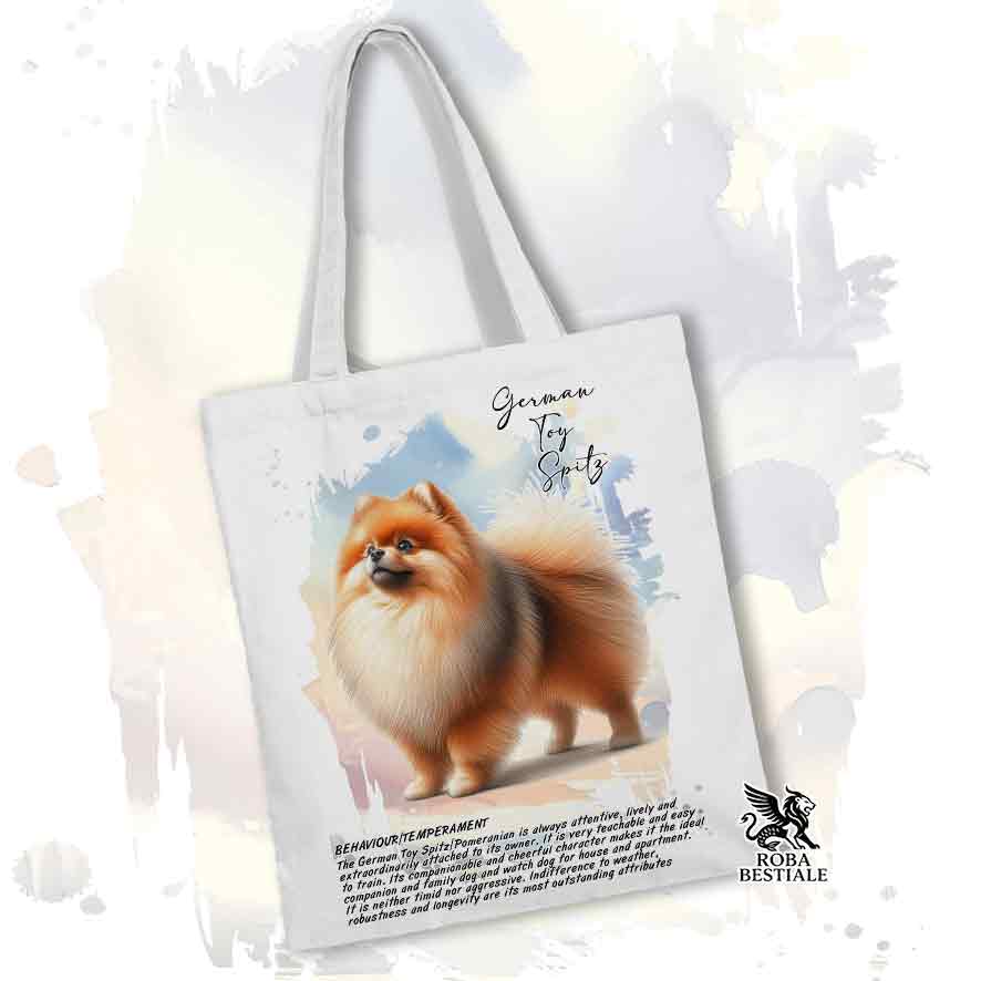 Tote bag Spitz Tedesco Nano Toy Pomerania arancio con grafica Behavior colore bianco