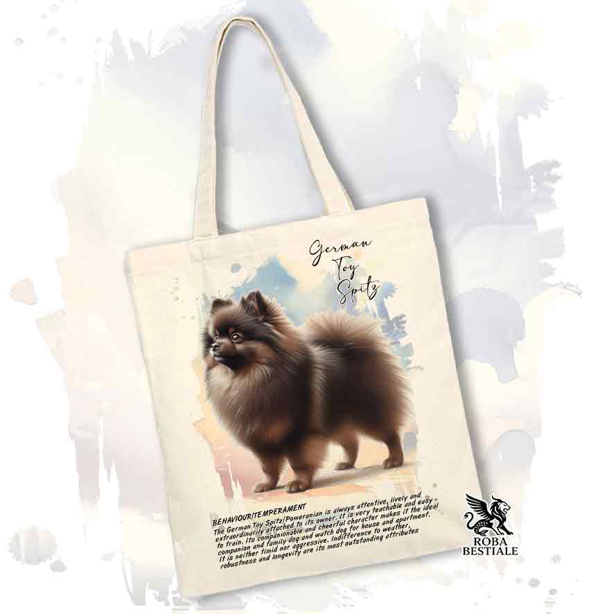 Tote bag Spitz Tedesco Nano Toy Pomerania marrone con grafica Behavior colore beige