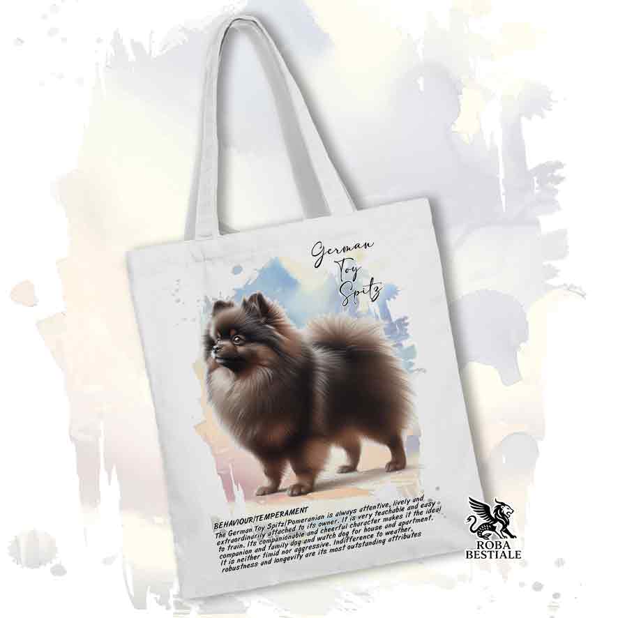 Tote bag Spitz Tedesco Nano Toy Pomerania marrone con grafica Behavior colore bianco