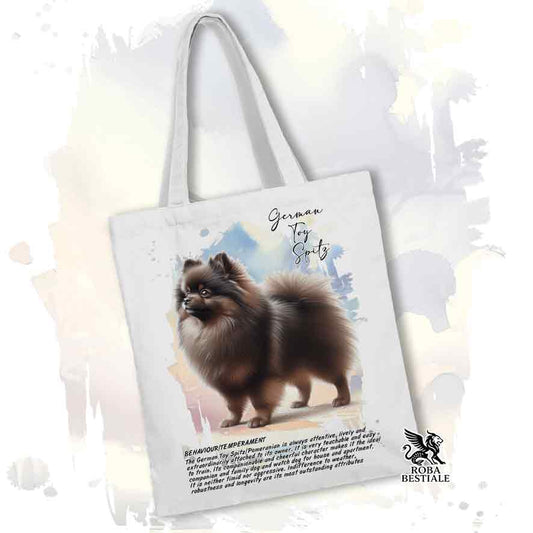 Tote bag Spitz Tedesco Nano Toy Pomerania marrone con grafica Behavior colore bianco