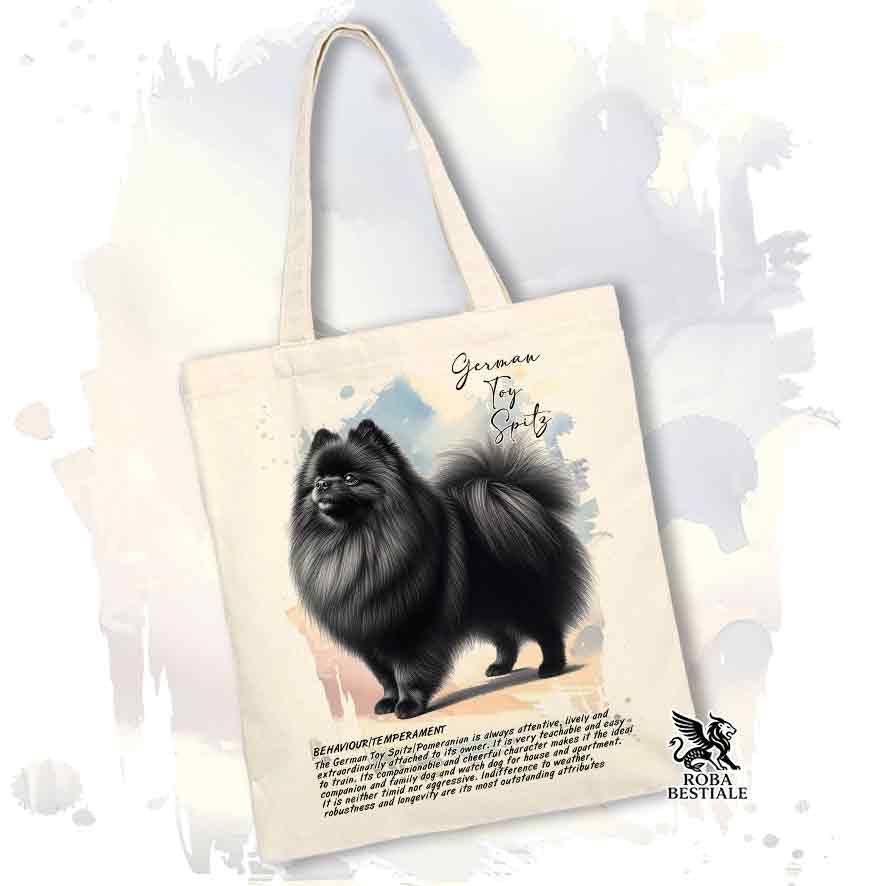 Tote bag Spitz Tedesco Nano Toy Pomerania nero con grafica Behavior colore beige