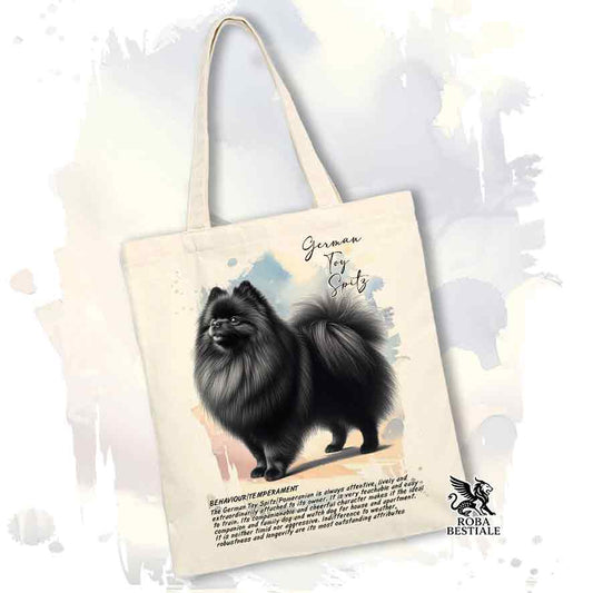 Tote bag Spitz Tedesco Nano Toy Pomerania nero con grafica Behavior colore beige