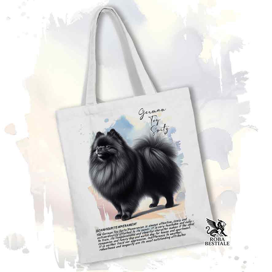 Tote bag Spitz Tedesco Nano Toy Pomerania nero con grafica Behavior colore bianco