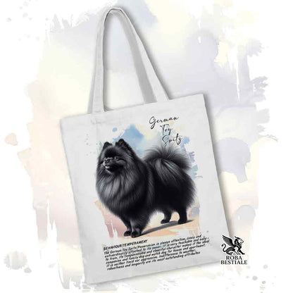 Tote bag Spitz Tedesco Nano Toy Pomerania nero con grafica Behavior colore bianco