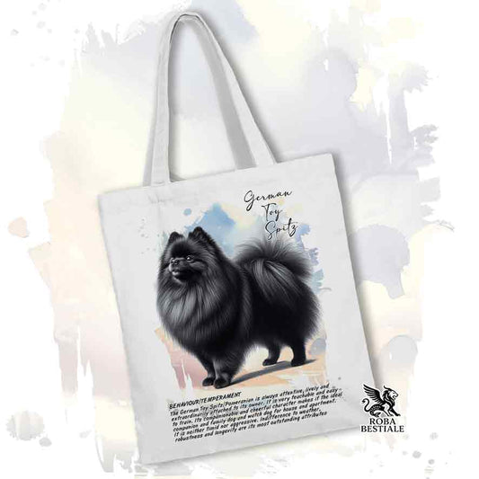 Tote bag Spitz Tedesco Nano Toy Pomerania nero con grafica Behavior colore bianco