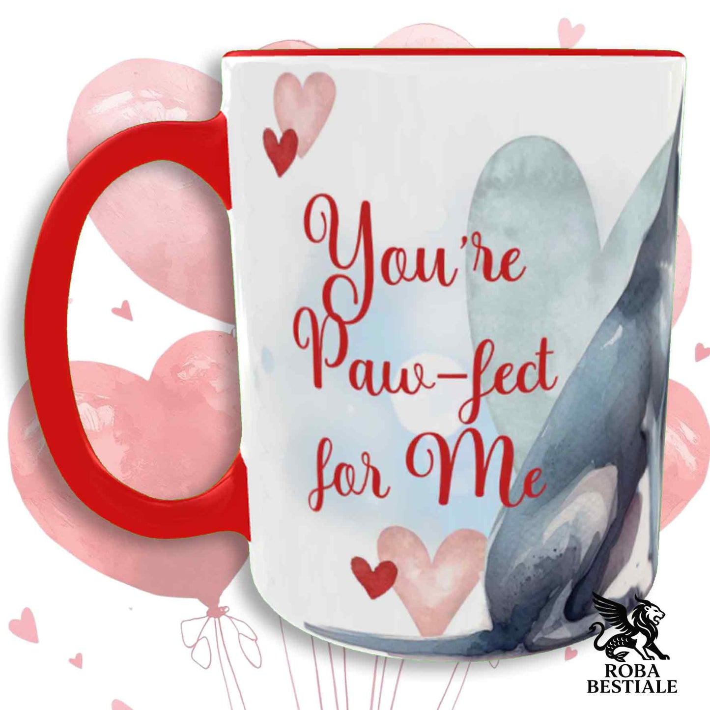 Tazza LOVE ME - WEIMARANER Grigio Argento - In Ceramica, con dettagli Rossi - 330 ml