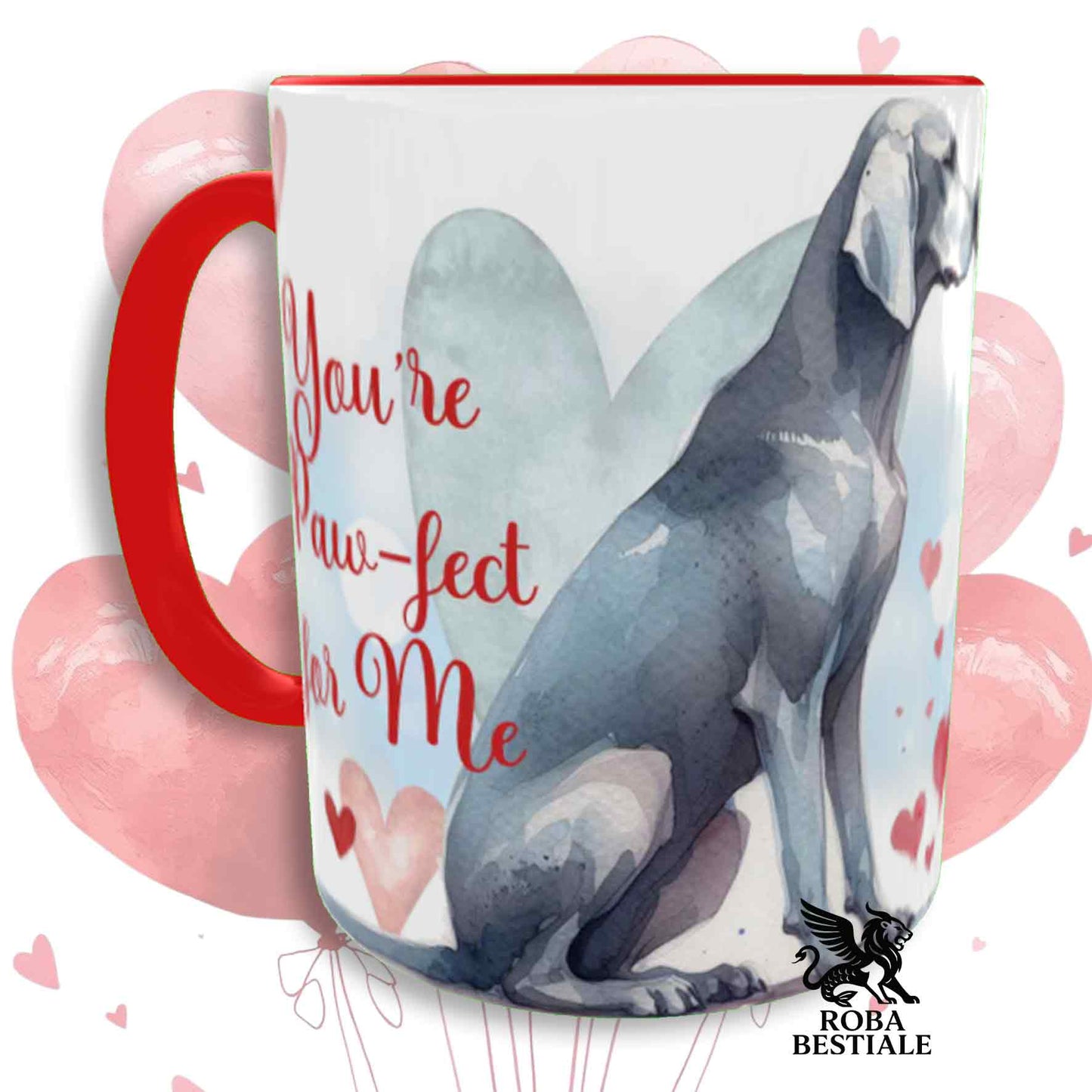 Tazza LOVE ME - WEIMARANER Grigio Argento - In Ceramica, con dettagli Rossi - 330 ml