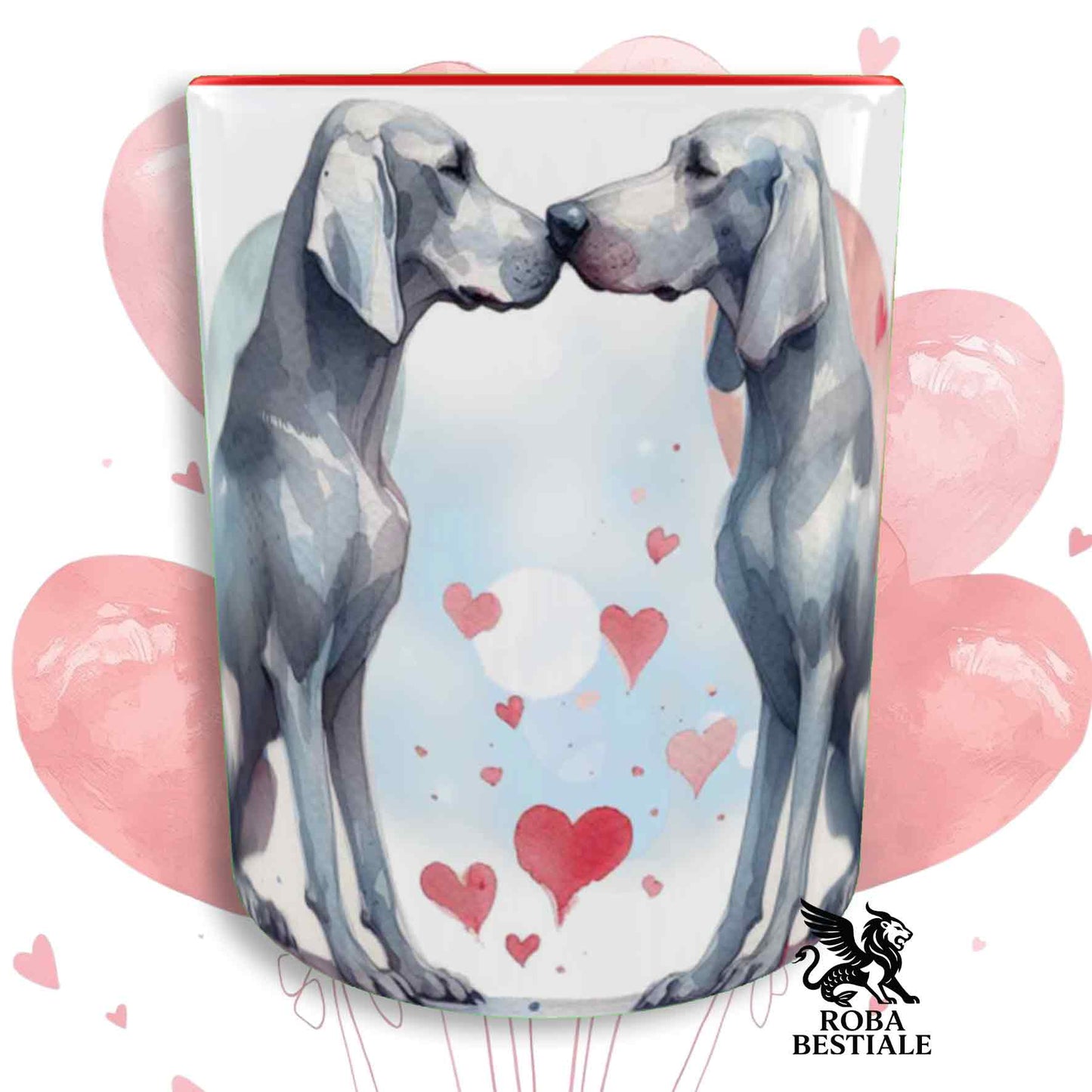 Tazza LOVE ME - WEIMARANER Grigio Argento - In Ceramica, con dettagli Rossi - 330 ml