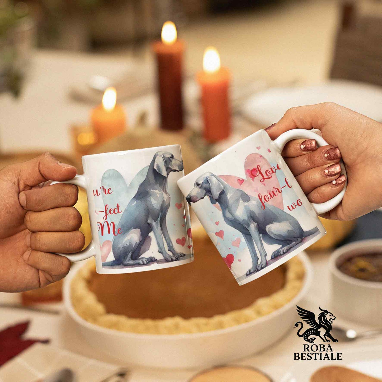 Tazza LOVE ME - WEIMARANER Grigio Argento - In Ceramica, con dettagli Rossi - 330 ml