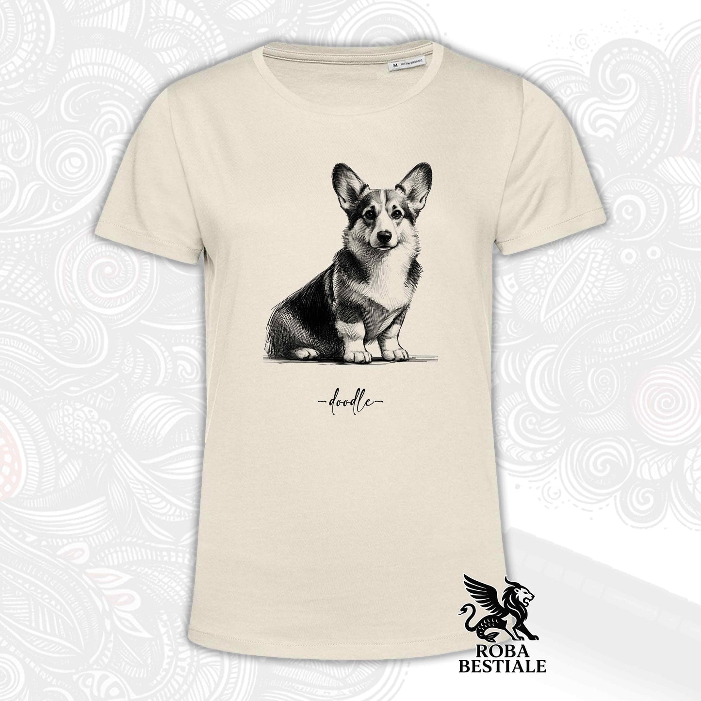 T-Shirt DOODLE - WELSH CORGI CARDIGAN - Bianca o Beige, da Uomo o da Donna - dalla XS alla 5XL