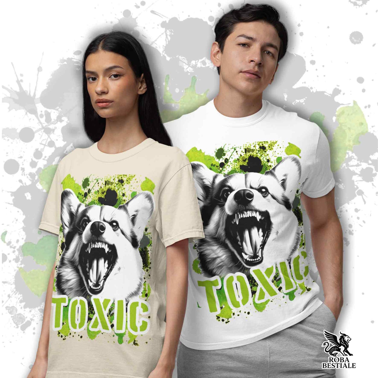 T-Shirt TOXIC - WELSH CORGI PEMBROKE - Bianca o Beige, da Uomo o da Donna - dalla XS alla 5XL