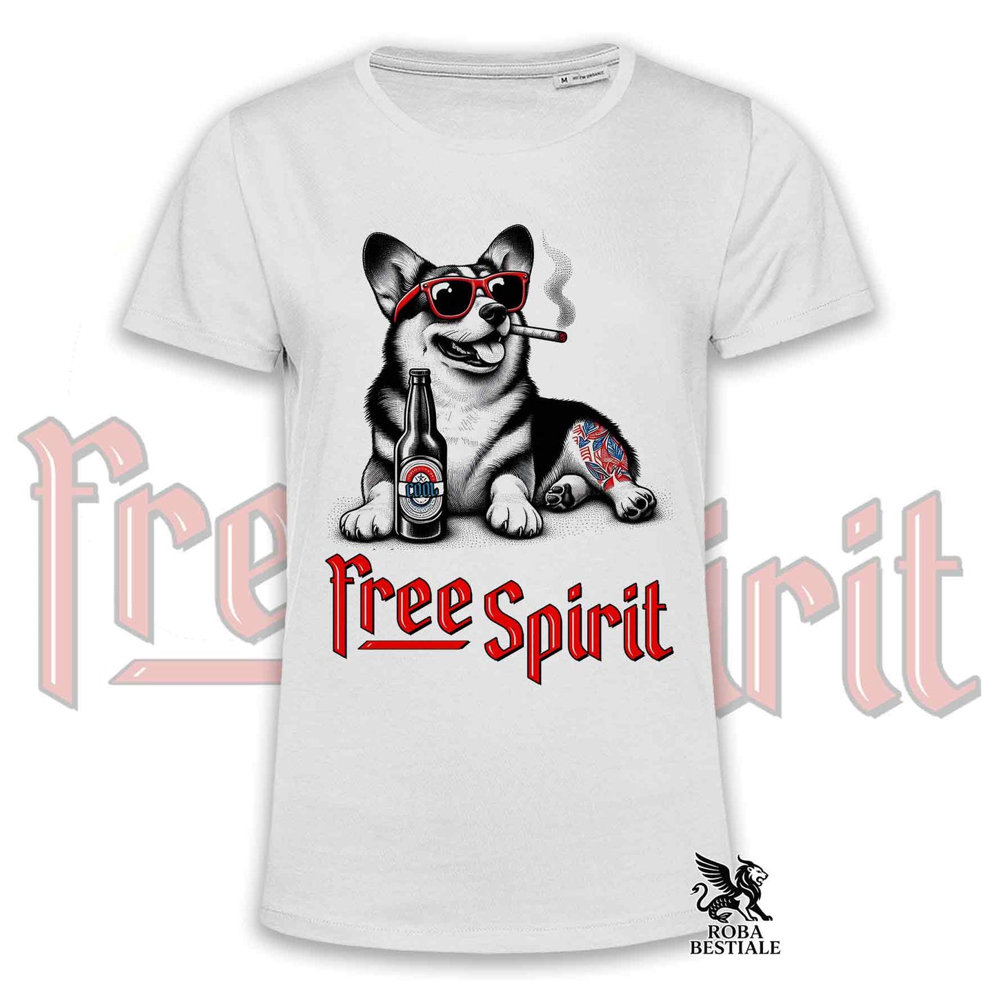 T-Shirt FREE SPIRIT - WELSH CORGI PEMBROKE - Bianca o Beige, da Uomo o da Donna - dalla XS alla 5XL