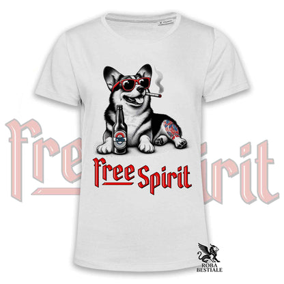 T-Shirt FREE SPIRIT - WELSH CORGI PEMBROKE - Bianca o Beige, da Uomo o da Donna - dalla XS alla 5XL