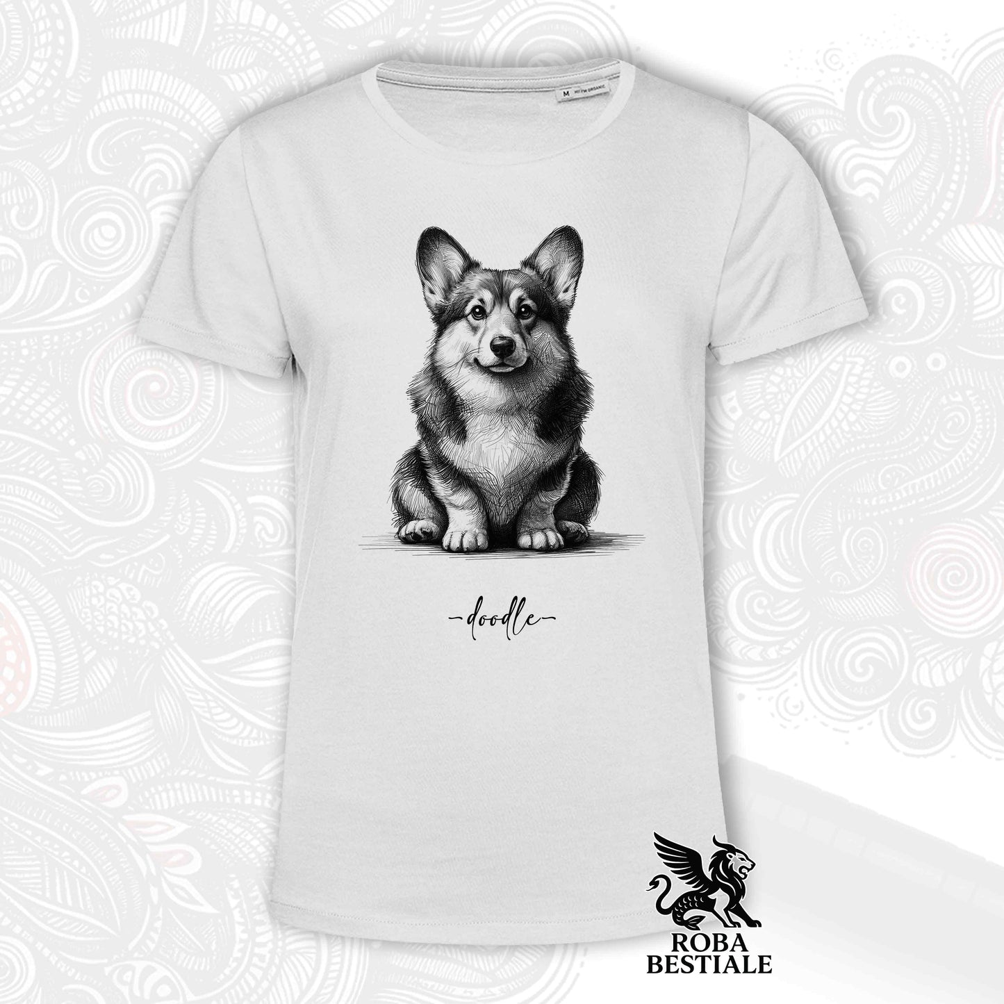 T-Shirt DOODLE - WELSH CORGI PEMBROKE - Bianca o Beige, da Uomo o da Donna - dalla XS alla 5XL