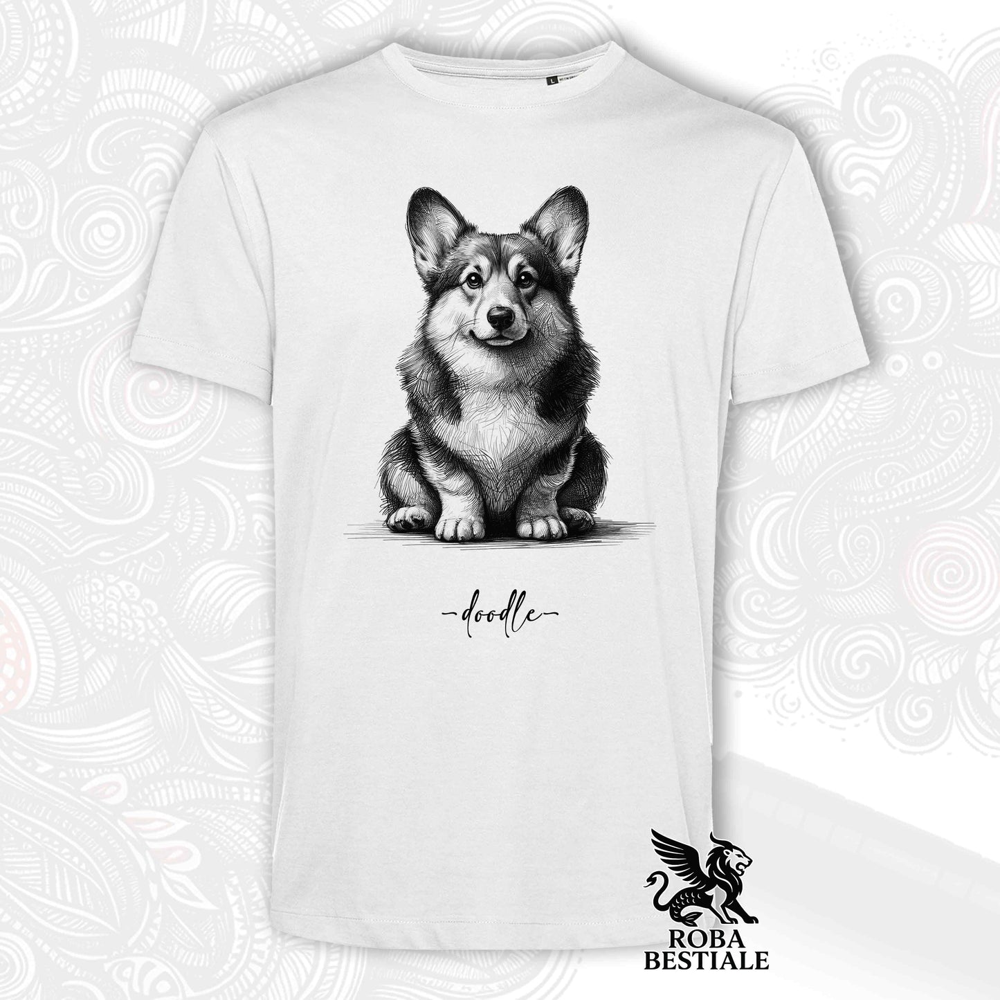T-Shirt DOODLE - WELSH CORGI PEMBROKE - Bianca o Beige, da Uomo o da Donna - dalla XS alla 5XL