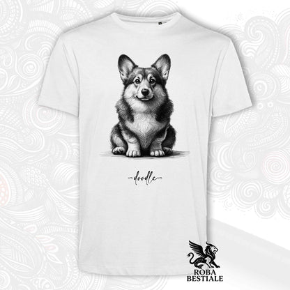 T-Shirt DOODLE - WELSH CORGI PEMBROKE - Bianca o Beige, da Uomo o da Donna - dalla XS alla 5XL