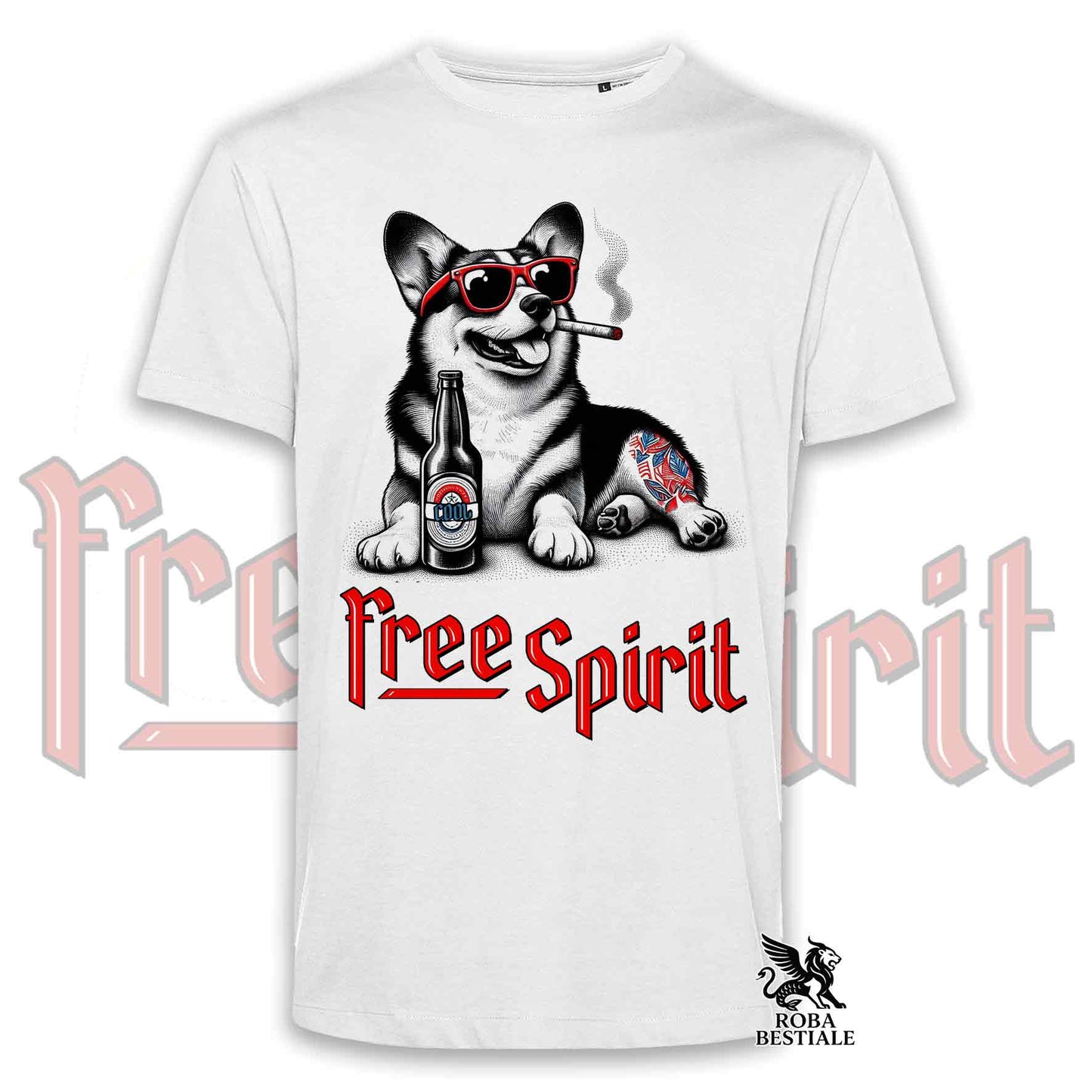 T-Shirt FREE SPIRIT - WELSH CORGI PEMBROKE - Bianca o Beige, da Uomo o da Donna - dalla XS alla 5XL