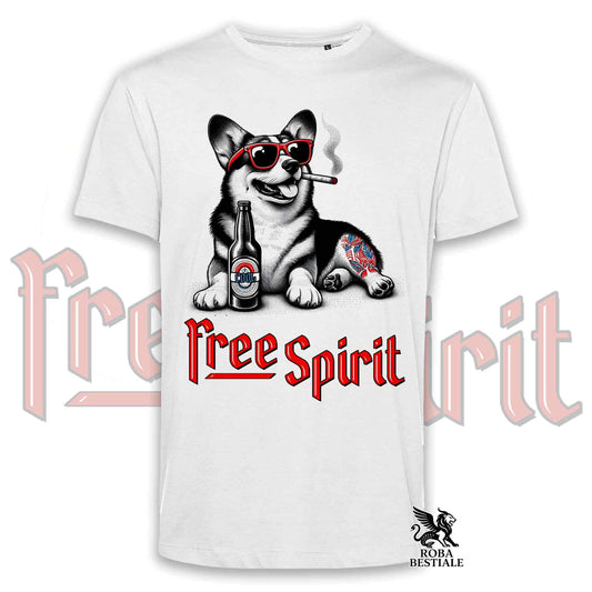 T-Shirt FREE SPIRIT - WELSH CORGI PEMBROKE - Bianca o Beige, da Uomo o da Donna - dalla XS alla 5XL