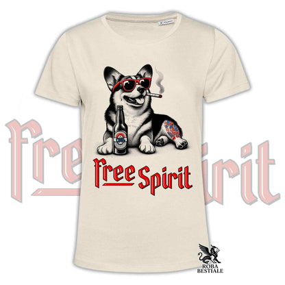 T-Shirt FREE SPIRIT - WELSH CORGI PEMBROKE - Bianca o Beige, da Uomo o da Donna - dalla XS alla 5XL