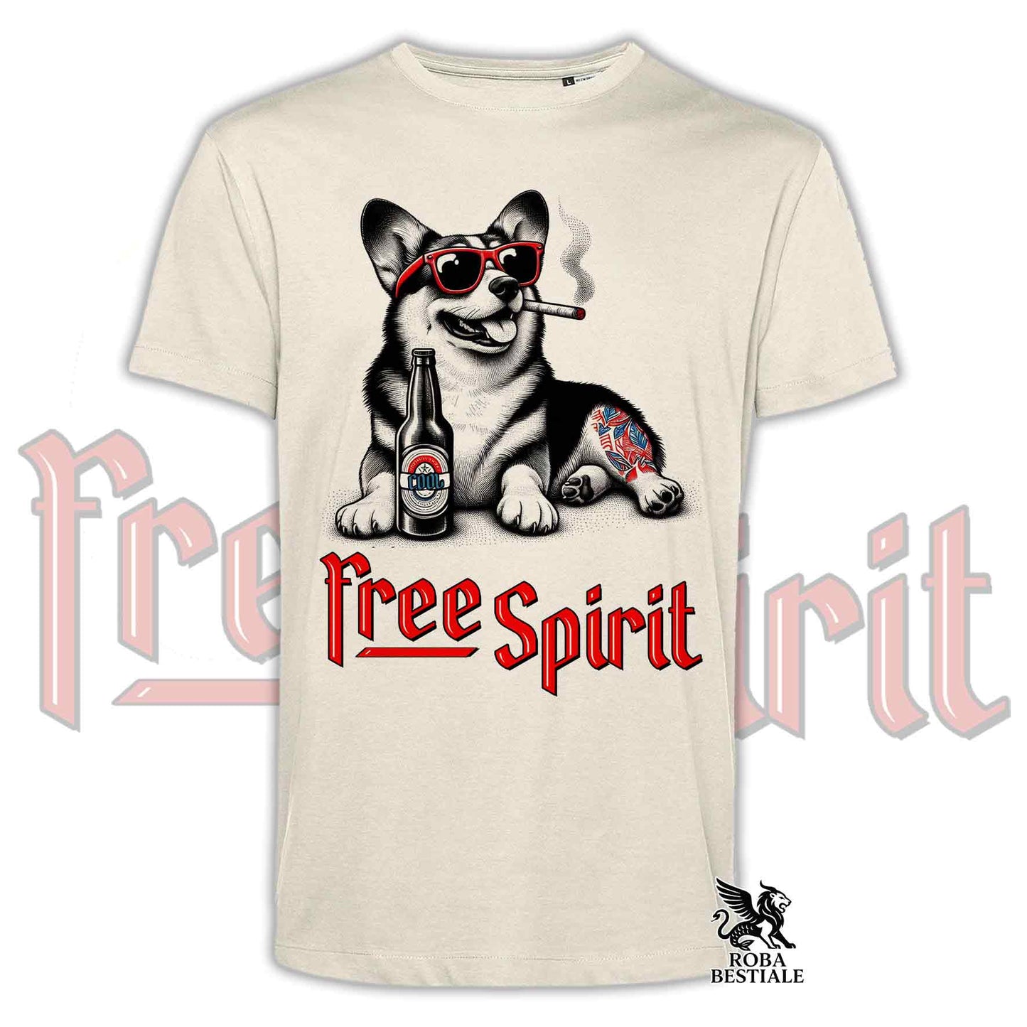 T-Shirt FREE SPIRIT - WELSH CORGI PEMBROKE - Bianca o Beige, da Uomo o da Donna - dalla XS alla 5XL