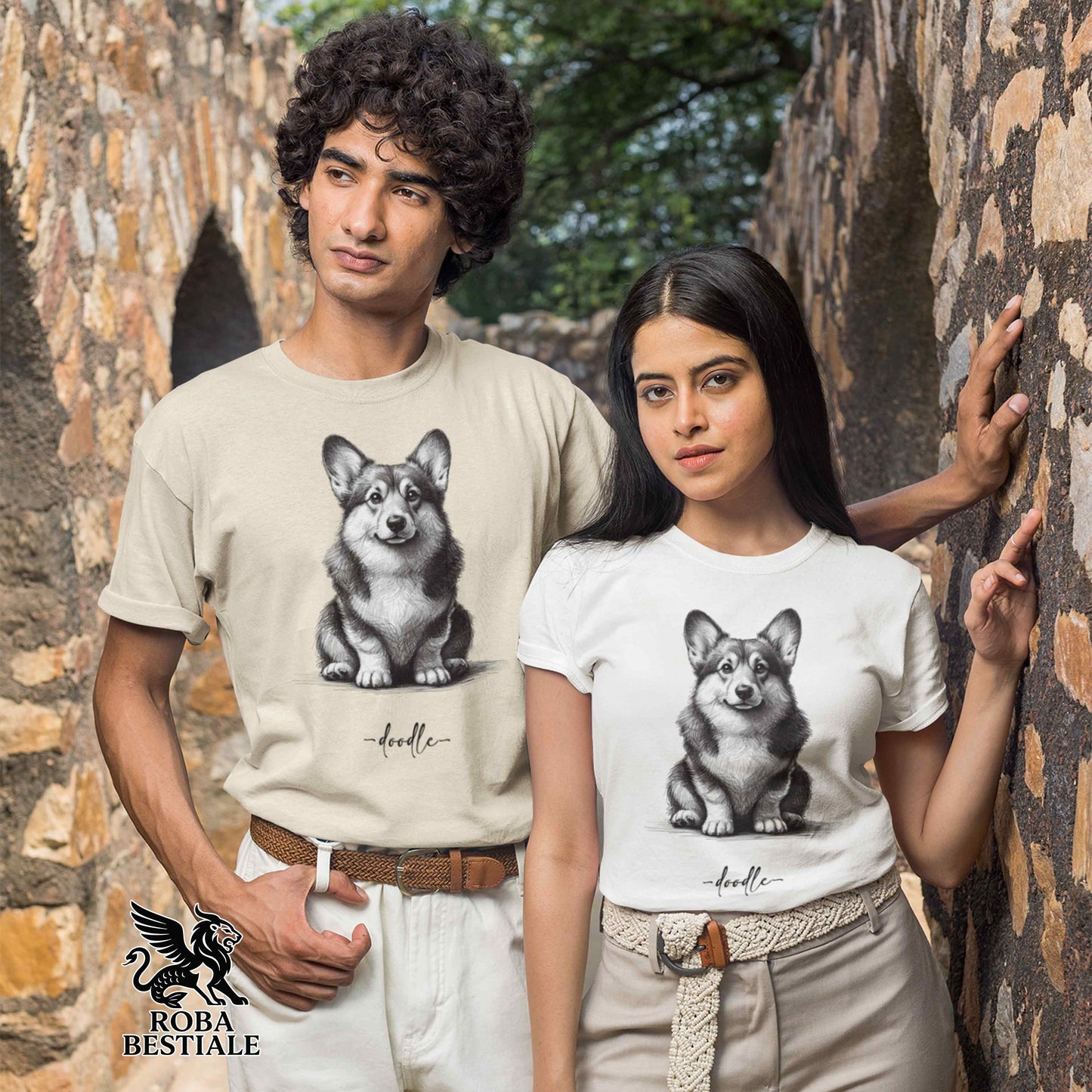 T-Shirt DOODLE - WELSH CORGI PEMBROKE - Bianca o Beige, da Uomo o da Donna - dalla XS alla 5XL