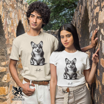 T-Shirt DOODLE - WELSH CORGI PEMBROKE - Bianca o Beige, da Uomo o da Donna - dalla XS alla 5XL