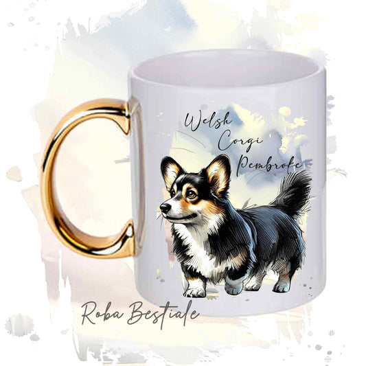 Tazza BEHAVIOR - WELSH CORGI PEMBROKE Black Tricolor - Standard FCI - In Ceramica, con manico dorato - 330 ml