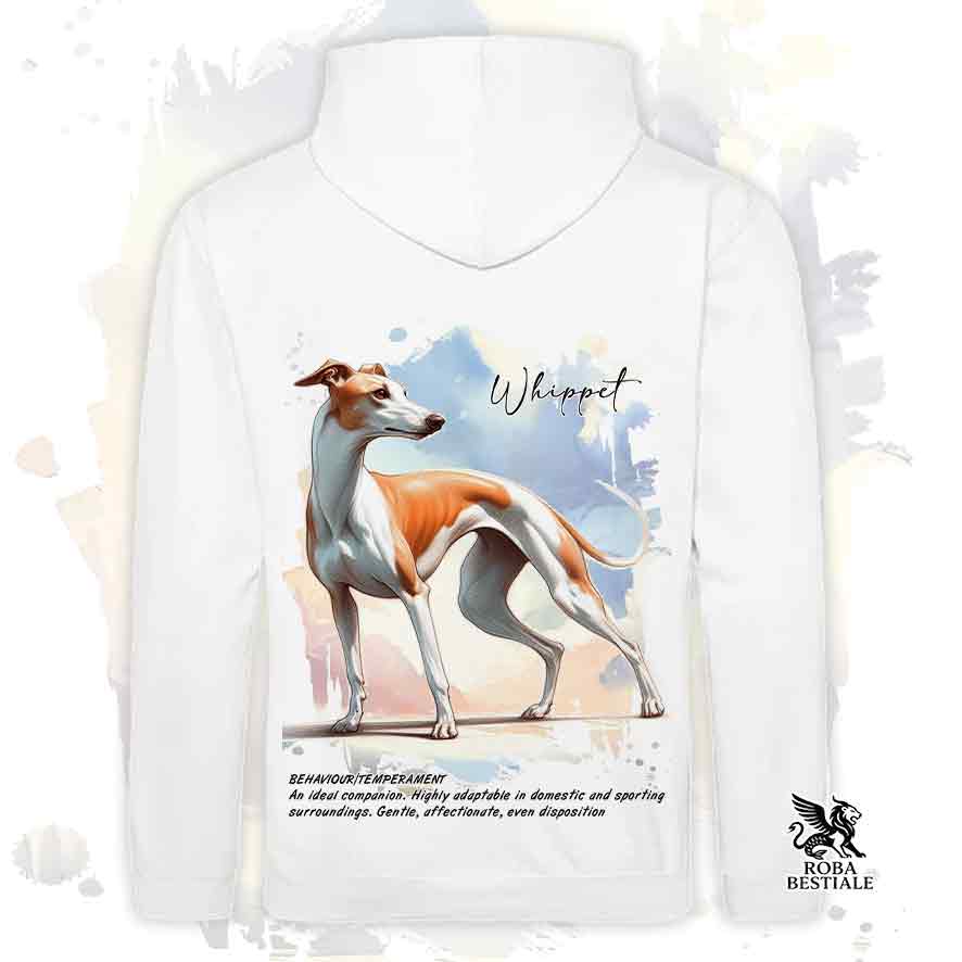 Felpa BEHAVIOR - WHIPPET Bianco e Arancio - Con Cappuccio e Tasconi, diversi colori, Unisex - dalla XS alla 3XL