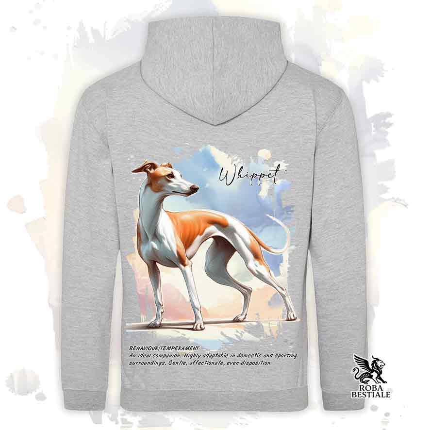 Felpa BEHAVIOR - WHIPPET Bianco e Arancio - Con Cappuccio e Tasconi, diversi colori, Unisex - dalla XS alla 3XL