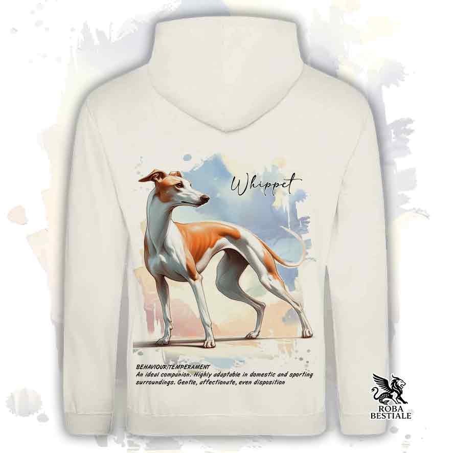 Felpa BEHAVIOR - WHIPPET Bianco e Arancio - Con Cappuccio e Tasconi, diversi colori, Unisex - dalla XS alla 3XL