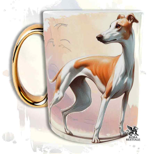 Tazza BEHAVIOR - WHIPPET Bianco e Arancio- In Ceramica, con manico dorato - 330 ml