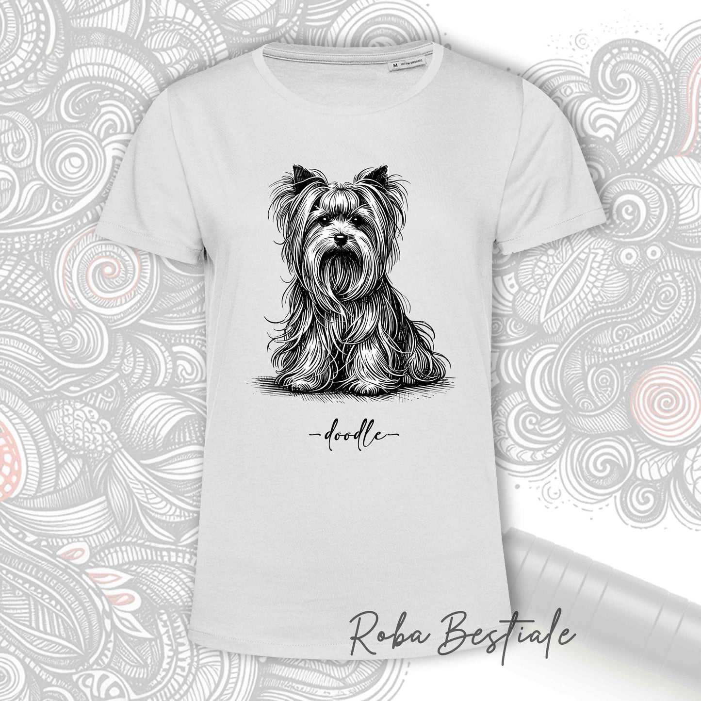 T-Shirt DOODLE Elegance - YORKSHIRE TERRIER - 100% Cotone, Bianca, Uomo o Donna - dalla XS alla 5XL