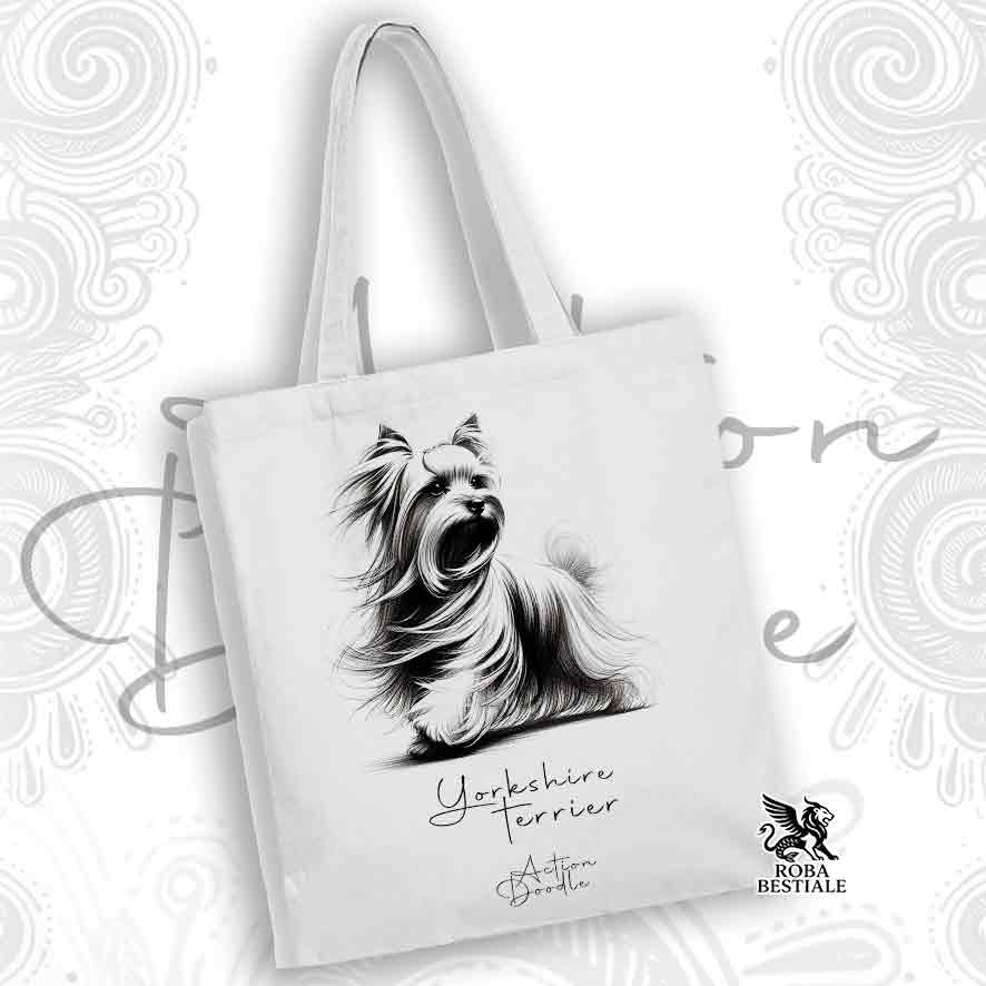 Tote Bag ACTION DOODLE - YORKSHIRE TERRIER - 100% Cotone - Bianca o Beige