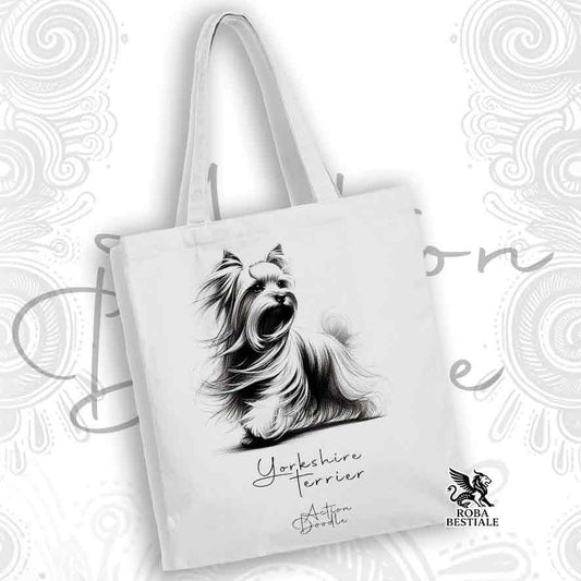 Tote Bag ACTION DOODLE - YORKSHIRE TERRIER - 100% Cotone - Bianca o Beige