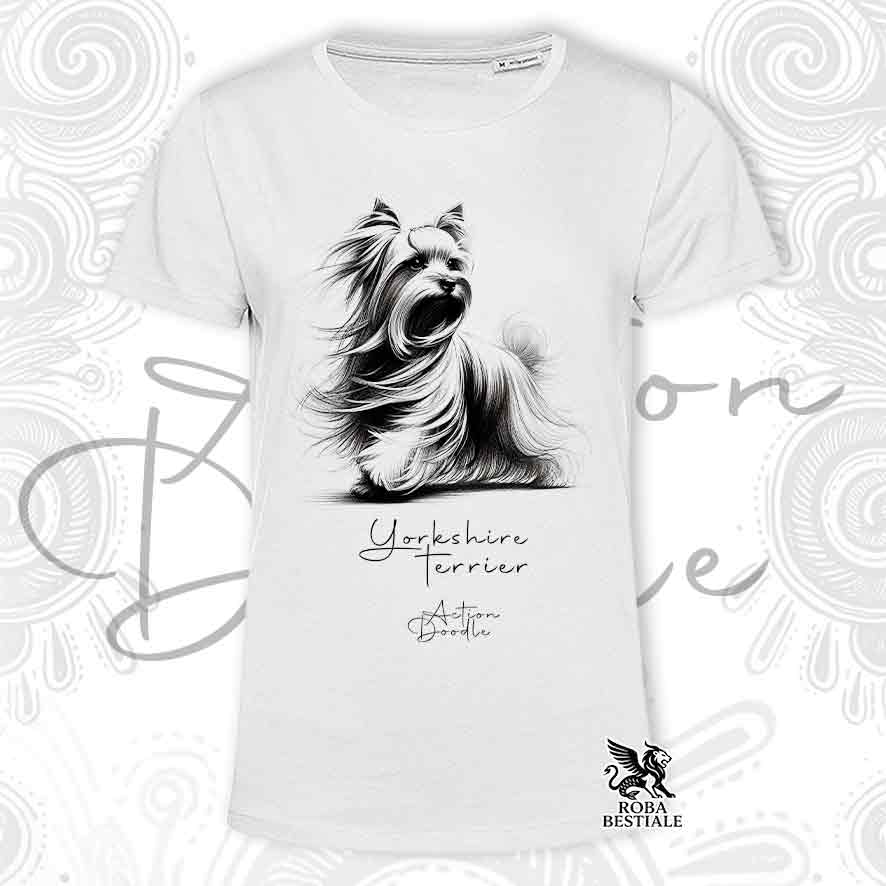 T-Shirt ACTION DOODLE - YORKSHIRE TERRIER - Bianca o Beige, da Uomo o da Donna - dalla XS alla 5XL