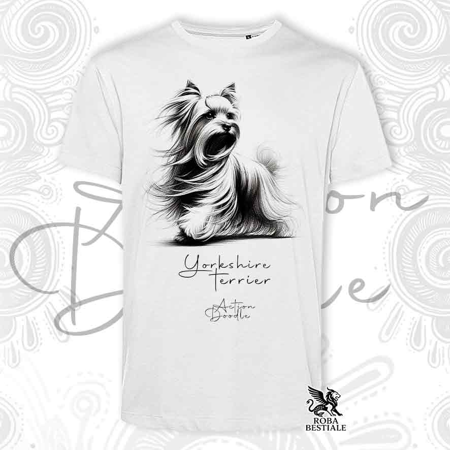 T-Shirt ACTION DOODLE - YORKSHIRE TERRIER - Bianca o Beige, da Uomo o da Donna - dalla XS alla 5XL