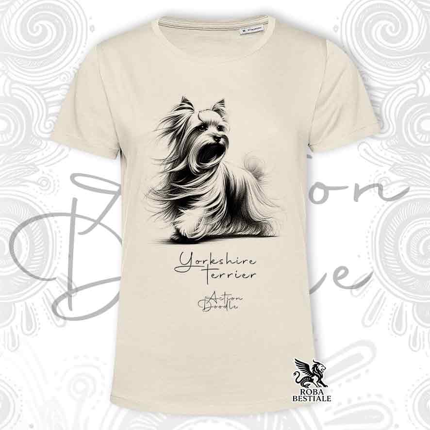 T-Shirt ACTION DOODLE - YORKSHIRE TERRIER - Bianca o Beige, da Uomo o da Donna - dalla XS alla 5XL