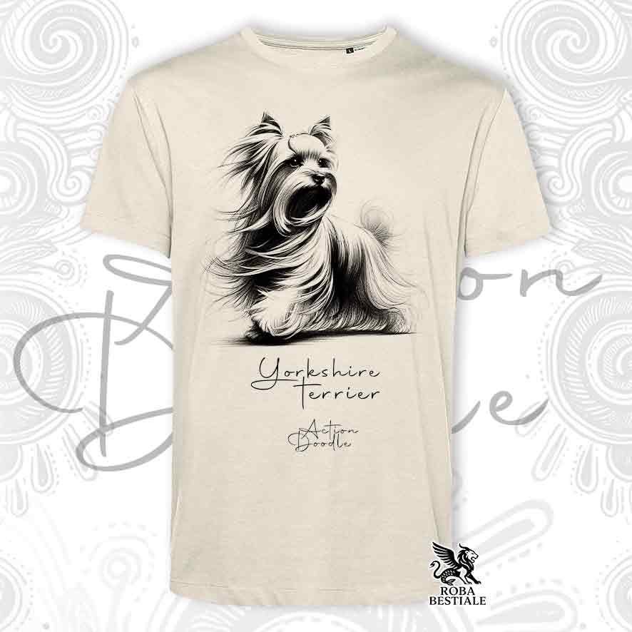 T-Shirt ACTION DOODLE - YORKSHIRE TERRIER - Bianca o Beige, da Uomo o da Donna - dalla XS alla 5XL