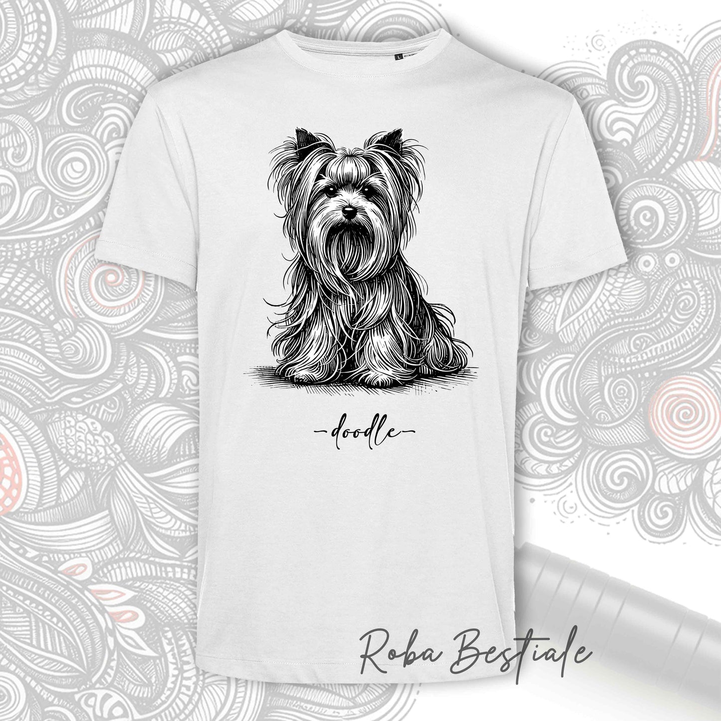 T-Shirt DOODLE Elegance - YORKSHIRE TERRIER - 100% Cotone, Bianca, Uomo o Donna - dalla XS alla 5XL