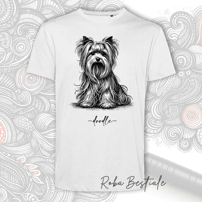 T-Shirt DOODLE Elegance - YORKSHIRE TERRIER - 100% Cotone, Bianca, Uomo o Donna - dalla XS alla 5XL