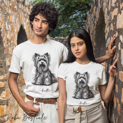 T-Shirt DOODLE Elegance - YORKSHIRE TERRIER - 100% Cotone, Bianca, Uomo o Donna - dalla XS alla 5XL