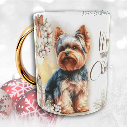 Tazza COZY WINTER - YORKSHIRE TERRIER - Pelo Accorciato o Integro - In Ceramica, con manico color Oro - 330 ml